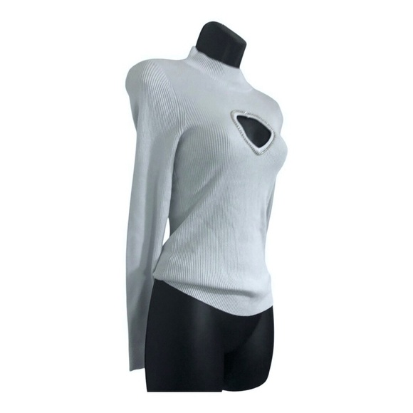 Guess Mia blue ice air heart shaped cz bust cutout mockneck sweater size medium - Picture 9 of 11